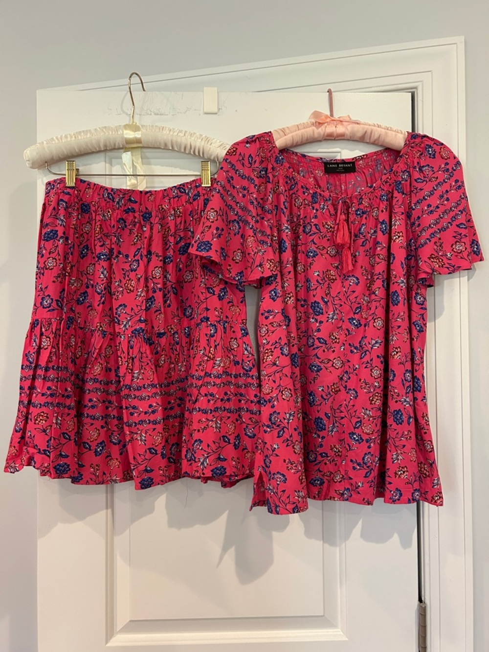Lane Bryant Bright Pink Floral Two-Piece Top & Skirt Set